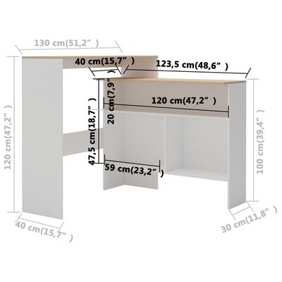 vidaXL 2 Masa Tablalı Bar Masası Beyaz ve Meşe Rengi 130x40x120 cm