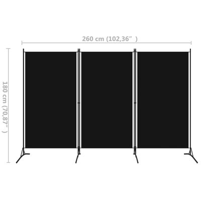 vidaXL 3-Panel Oda Bölücü Siyah 260x180 cm