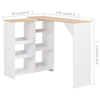 vidaXL Hareketli Raflı Bar Masası Beyaz 138x39x110 cm