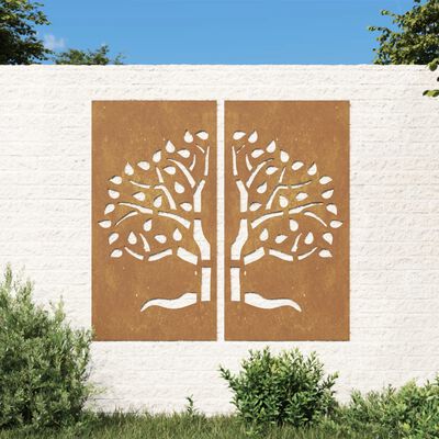 vidaXL Bahçe Duvarı Dekorasyonu 2 Adet 105x55 cm Çelik Ağaç Deseni