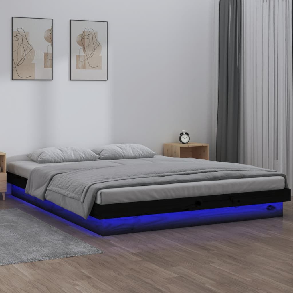 vidaXL LED Işıklı Karyola Siyah 140x190 cm Masif Ahşap