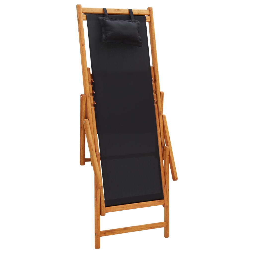 vidaXL Katlanır Plaj Sandalyesi Siyah Masif Okaliptüs Ağacı ve Kumaş