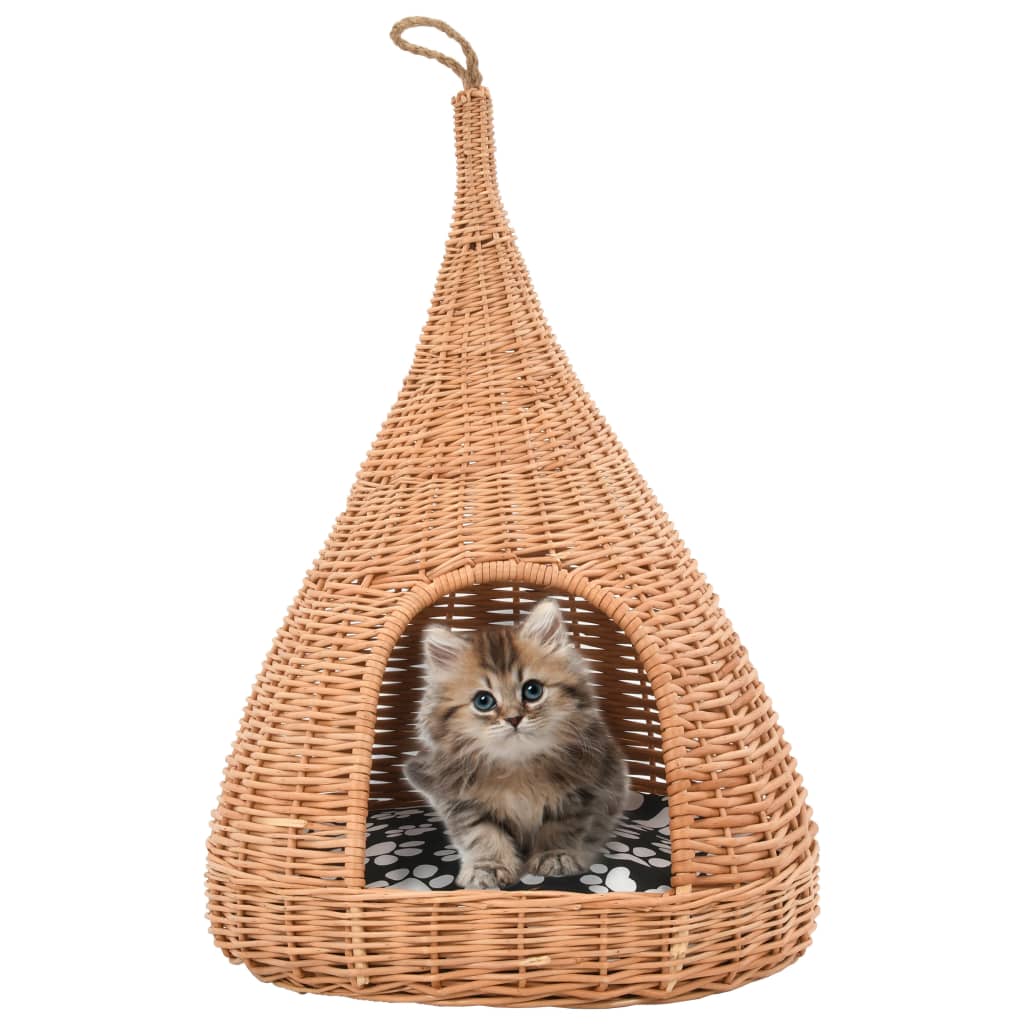 vidaXL Minderli Kedi Yatağı 40x60 cm Doğal Söğüt Çadır Tipi