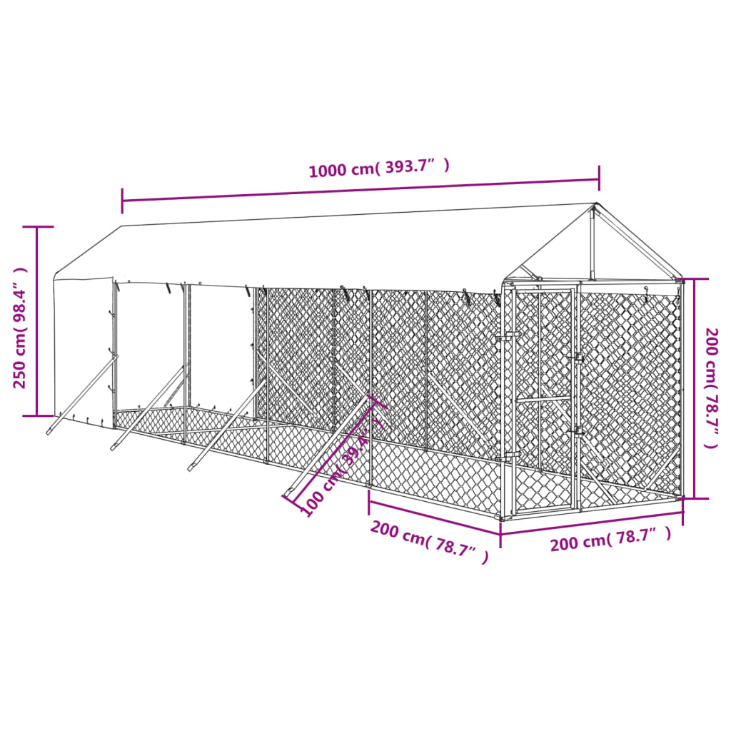 vidaXL Çatılı Bahçe Köpek Kafesi Gümüş Rengi 2x10x2,5 m Çelik