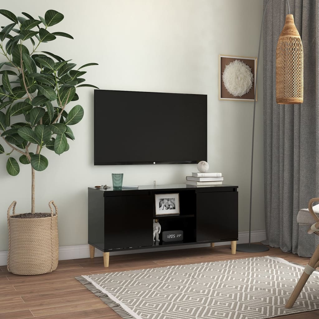 vidaXL Masif Ahşap Ayaklı TV Sehpası Siyah 103,5x35x50 cm