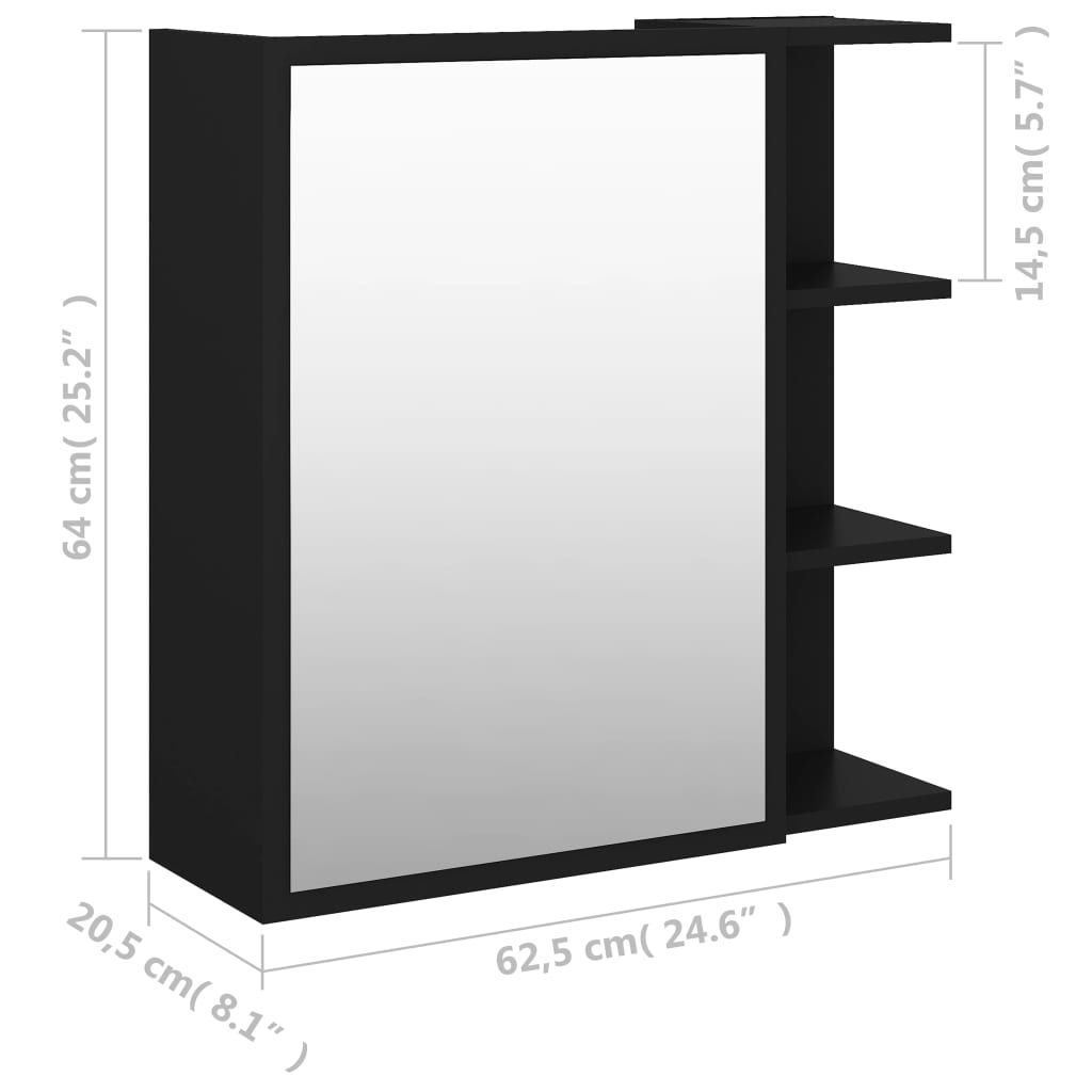 vidaXL Aynalı Banyo Üst Dolabı Siyah 62,5x20,5x64 cm Sunta