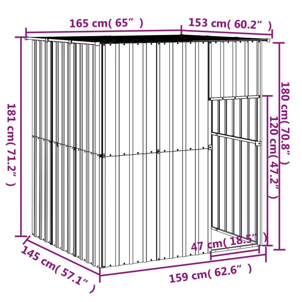 vidaXL Çatılı Köpek Kulübesi Açık gri 165x153x181 cm Galvanizli Çelik